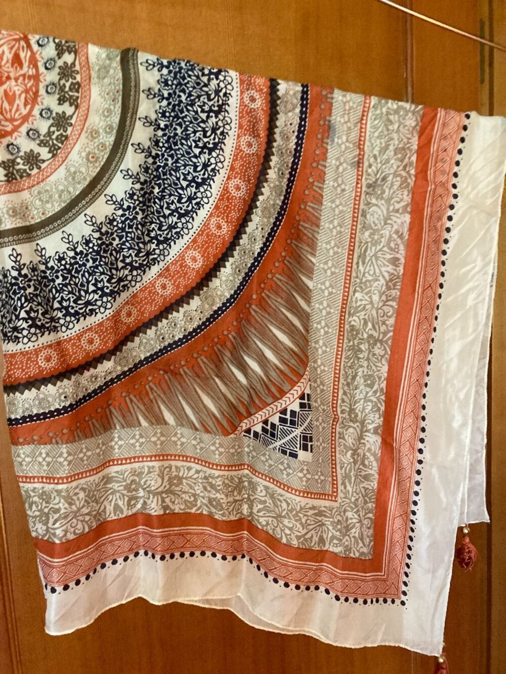 LUCKY BRAND Large 42" Square Silk Scarf Tassels, Beige with Navy Blue and Orange